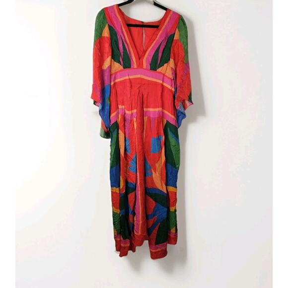 NWT Farm Rio Dress Rainbow Toucan Maxi Multicolor XL Pleated Printed Satin Maxi - Picture 1 of 13